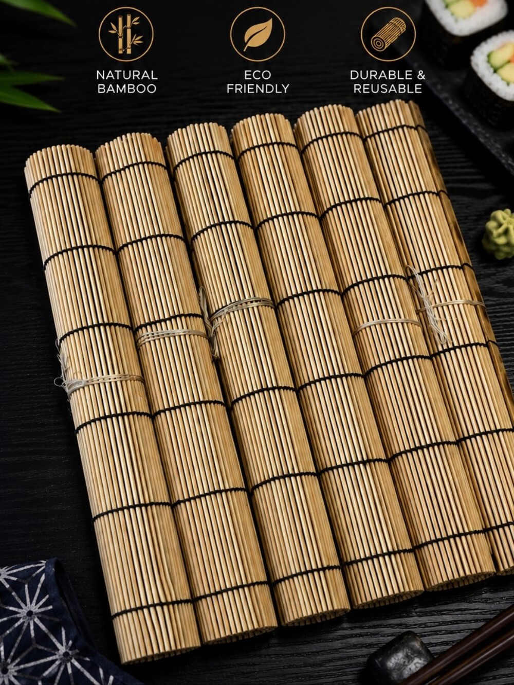 Set of 6 Bamboo Sushi Rolling Mats Makisu Sushi Maker Rollers Natural Bamboo